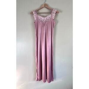 Vintage Mauve Pink Satin Nightgown – Sheer Lace, Romantic, Size S/M